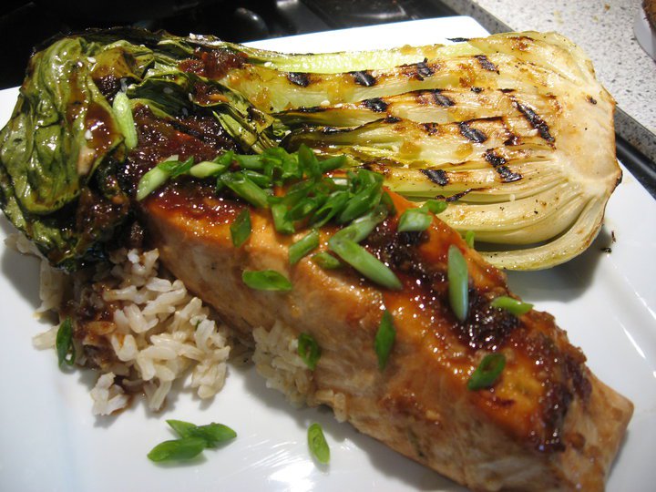 Grilled Salmon with Bok Choy over Brown Rice